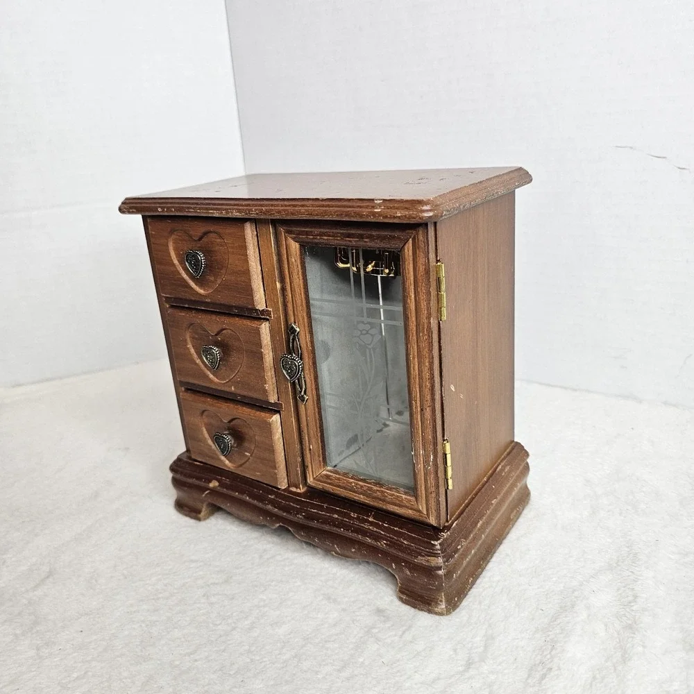Brown Wood Jewelry Box w/ Glass Door, 3 Drawers, Lined Mirrored Interior